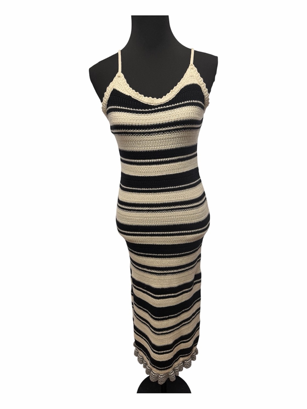 freshman 1996 Small Black Cream Crochet Stripe Knit Maxi Dress - Picture 3 of 10